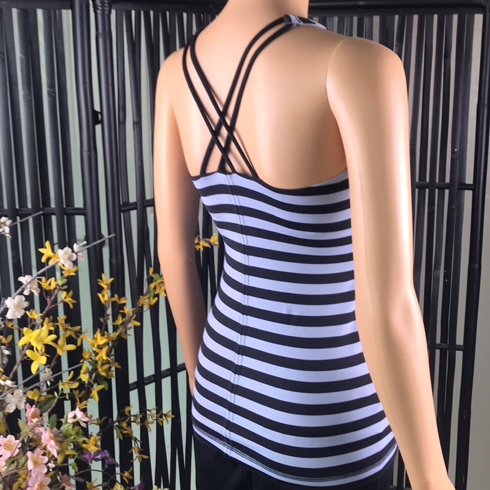 Lululemon Black/Light Blue Striped Crisscross Tank